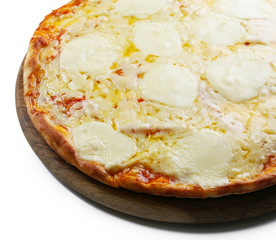 Pizza full of cheese on wooden board isolated on white background, close up