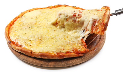 Tasty sliced pizza isolated on white. One take a piece of pizza