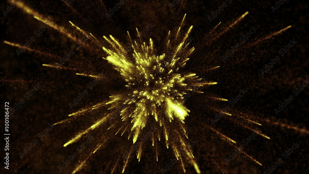 Poster abstract particle background with elemets passing from far center point towards to camera