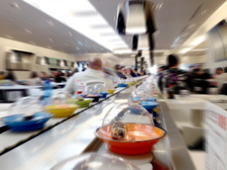 Abstract blurry image of sushi restaurant