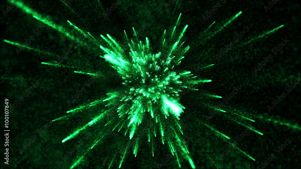 Poster abstract particle background with elemets passing from far center point towards to camera
