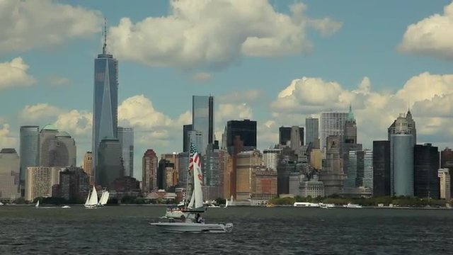 View of the Skyscrapers in New York while floating the Hudson River.