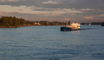 blue cargo ship at sunset