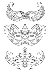 Set of hand-drawn doodle face masks. Festival Mardi Gras