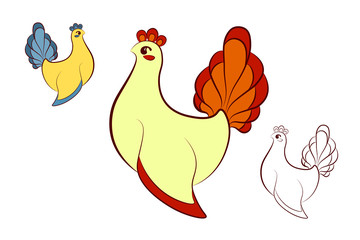 Logo with two cartoon-style colored versions of silhouette of chicken in yellow, red and blue colors as well as lineart version of this image.
