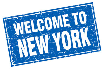 New York blue square grunge welcome to stamp