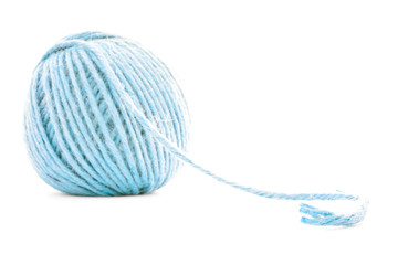 Blue fiber skein, crochet yarn roll isolated on white background
