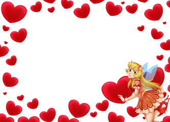 Cartoon frame with fairy and valentine hearts - illustration for the children