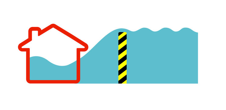 Flat vector image of water flowing over a flood barrier into a house