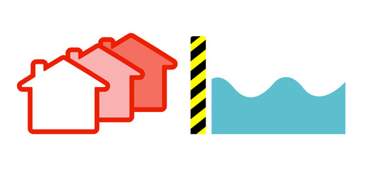 Flat vector image of a flood barrier protecting houses from water