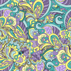 Seamless bright colorful hand drawn pattern in doodle style. Suitable for textile and paper prints. Vector, eps 10.