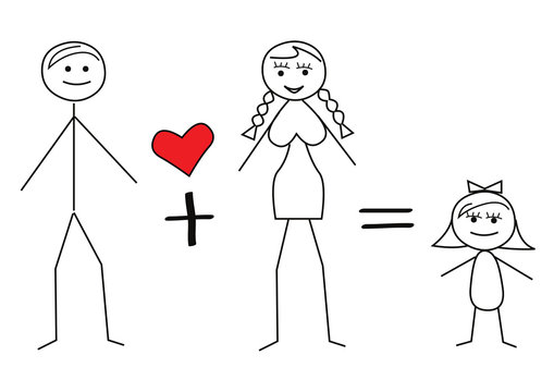Love concept. Drawing of man and woman in love and little child girl.