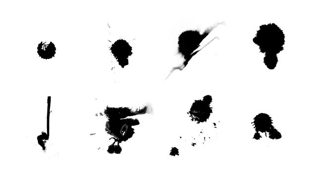 Eight animated black and white blotches. Ink drops on white.