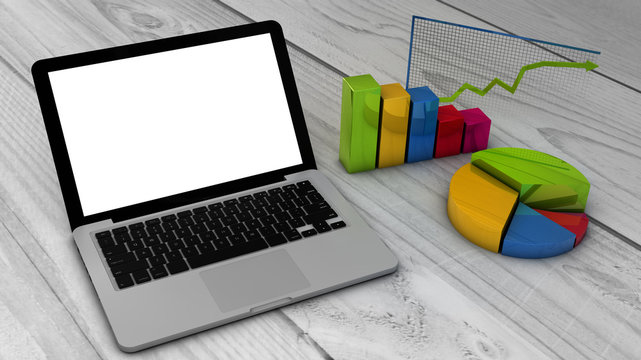 laptop with stadistics charts and graphs