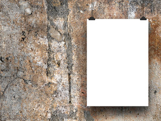 Single hanged paper sheet frame with clips on brown concrete wall background