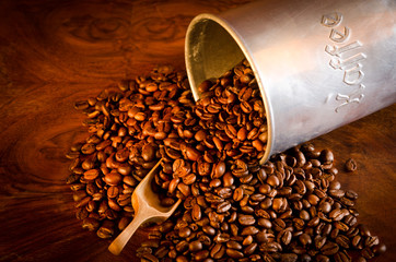 spilled coffee, coffee beans out of the box