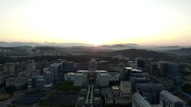 Aerial footage of Sultan Mizan Zainal Abidin mosque also known as the Iron Mosque or Masjid Besi, and the Palace of Justice, Court of Malaysia  taken during sunrise