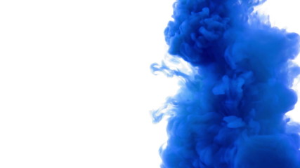 Blue ink reacting in water.Creative slow motion. On a white background. 
