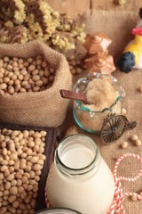 Soy milk with soybean seed.