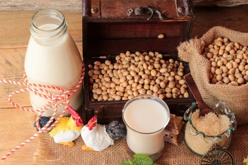 Soy milk with soybean seed.