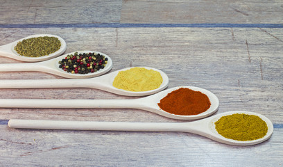 Spices on wooden spoon