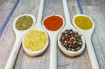 Spices on wooden spoon