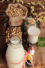 Soy milk with soybean seed.