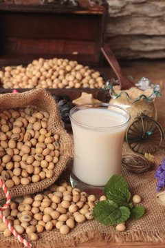 Soy milk with soybean seed.