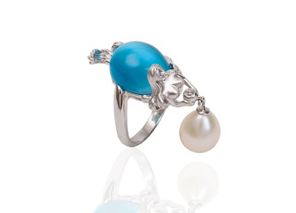 beautiful ring with gems and enamel isolated on white