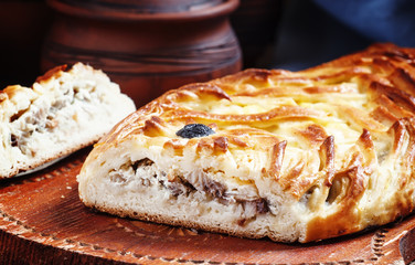 Pie with fish and egg, selective focus