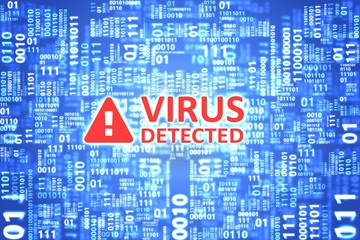Virus detected alert on screen. Antivirus software found malware in binary code. Computer security concept.