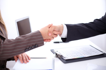Business people shaking hands, standing