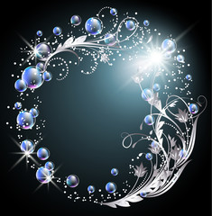 Glowing background with silver ornament  and bubbles