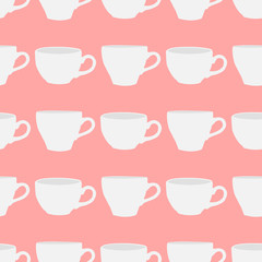 White cups seamless pattern 2. Vector illustration of white cups on a pink background
