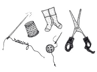 Hand drawn sewing kit set