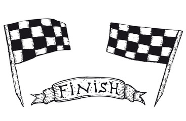 Hand drawn checkered flags and finish banner