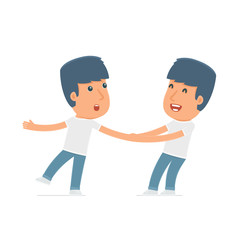 Funny and Cheerful Character Activist drags his friend to show h