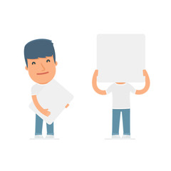 Funny Character Activist holds and interacts with blank forms or