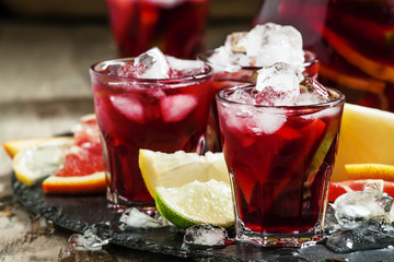 Spanish sangria with fruit and ice, selective focus