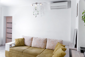 Modern simple interior in light apartments. Living room interior