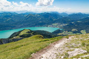 view from the Schafberg mountaintop on a sunny summer day, Austrian Alps, lake Wolfgangsee, St. Wolfgang, Austria