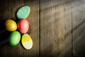Easter homemade gingerbread cookie and eggs