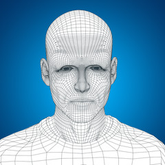 Conceptual 3D wireframe human male or man face or head