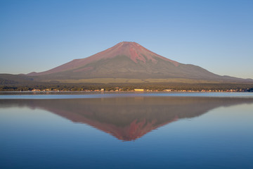 Fototapeta premium Red color at Top of Mountain Fuji in summer early morning seen from Lake Yamanaka , Yamanashi prefecture