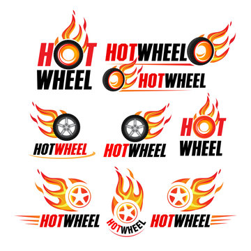 Hot wheel, Racing flat labels set. Blaze and flash logo, emblem, auto transport, flame tire, isolated vector illustrations