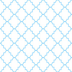 Fototapeta premium Quatrefoil classic net seamless vector pattern. Blue and white traditional moroccan simple rhomb ornament.