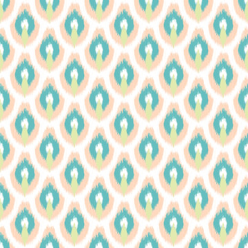Ikat seamless vector pattern. Abstract geometric shapes background. Stylized peacock feather design.