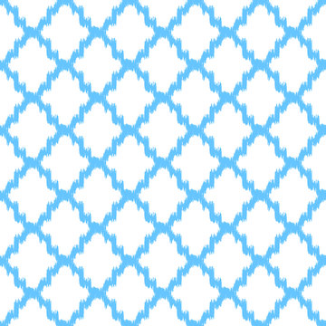 Ikat quatrefoil seamless vector pattern. Abstract geometric blue shapes background.