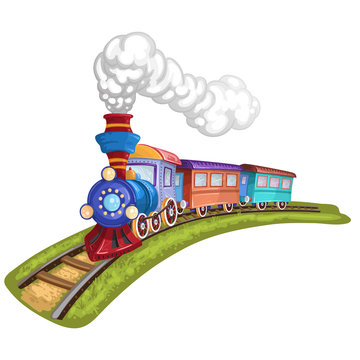 Cartoon train with colorful carriage in railroad