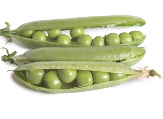 Green pea pods on a white background